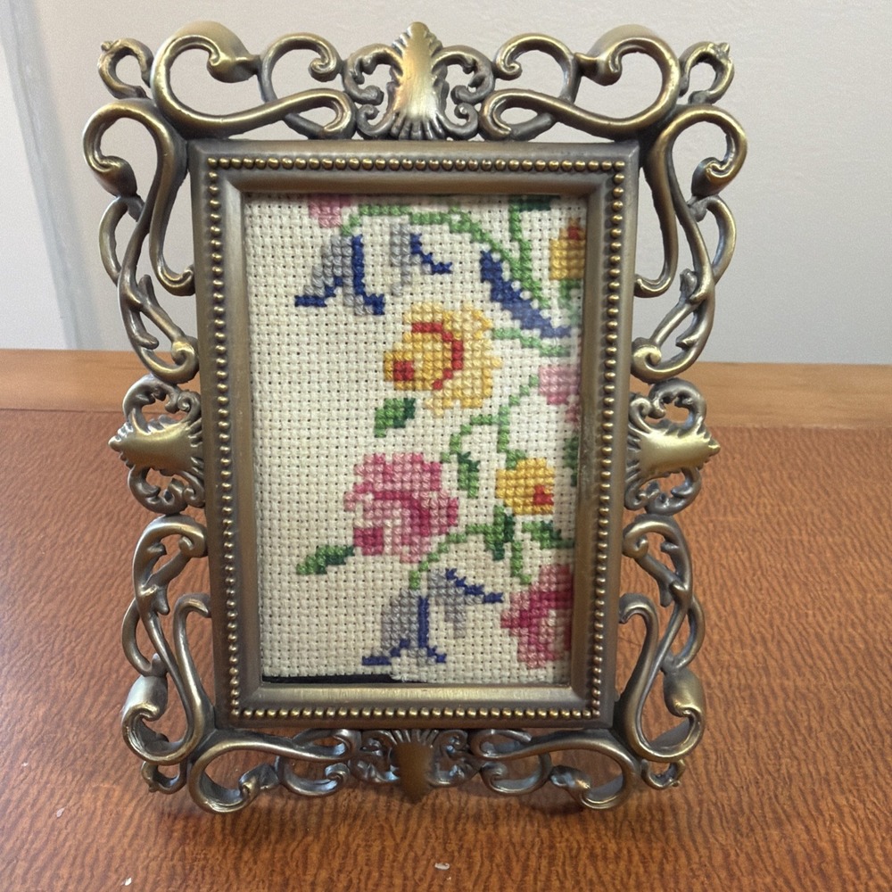 Handmade Cross Stitch Flowers In Ornamental Brass Good Toned Frame 4x5" Frame